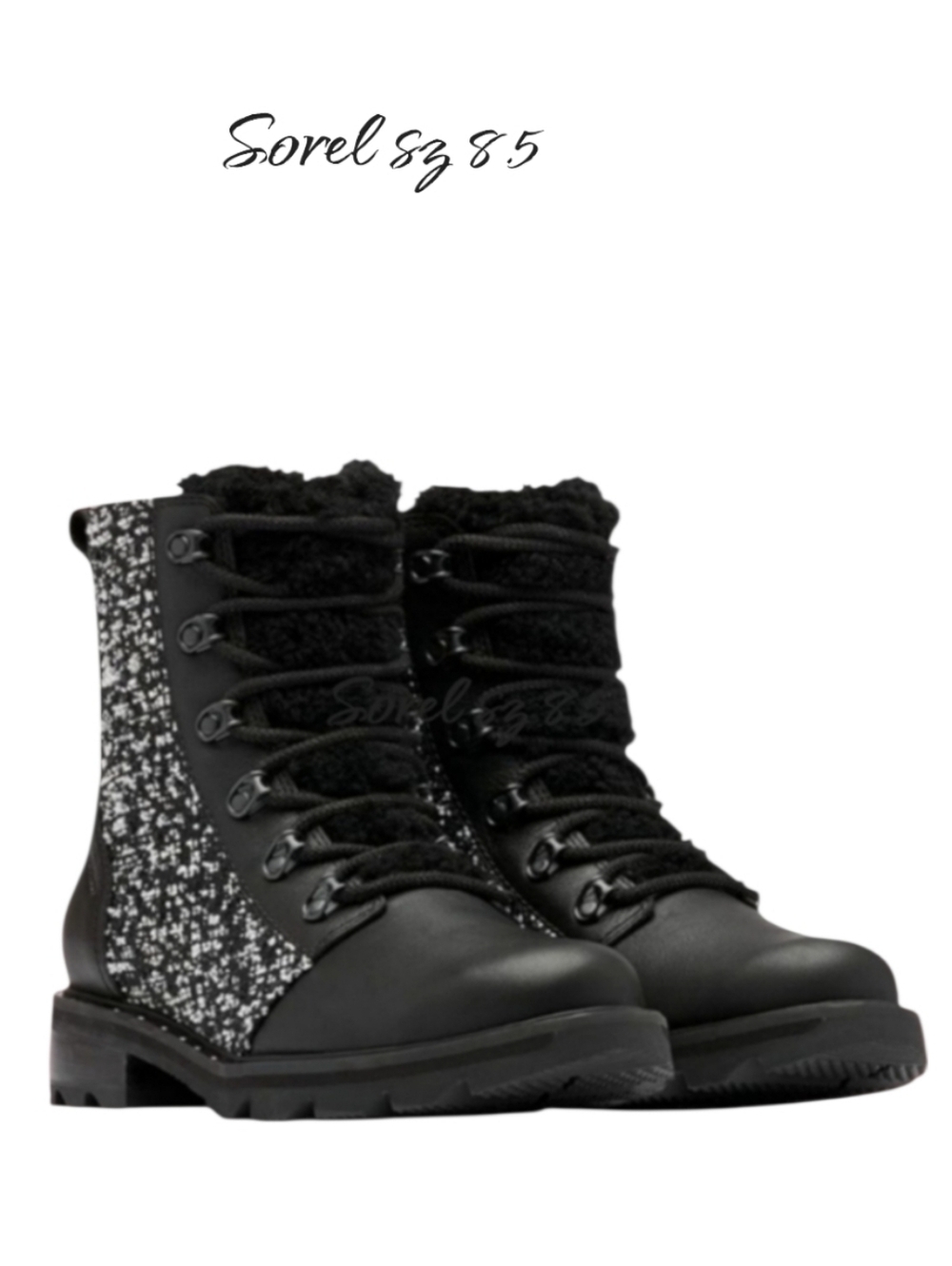 Sorel Women's Lennox Lace Cozy Waterproof Boots Black Leather Shearling 8.5 NWT